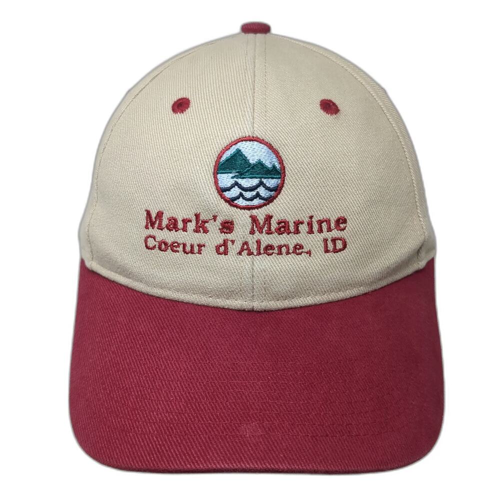 Falcon Baseball Cap Beige Red Mark's Marine Coeur d'Alene ID One Size Cotton Hat